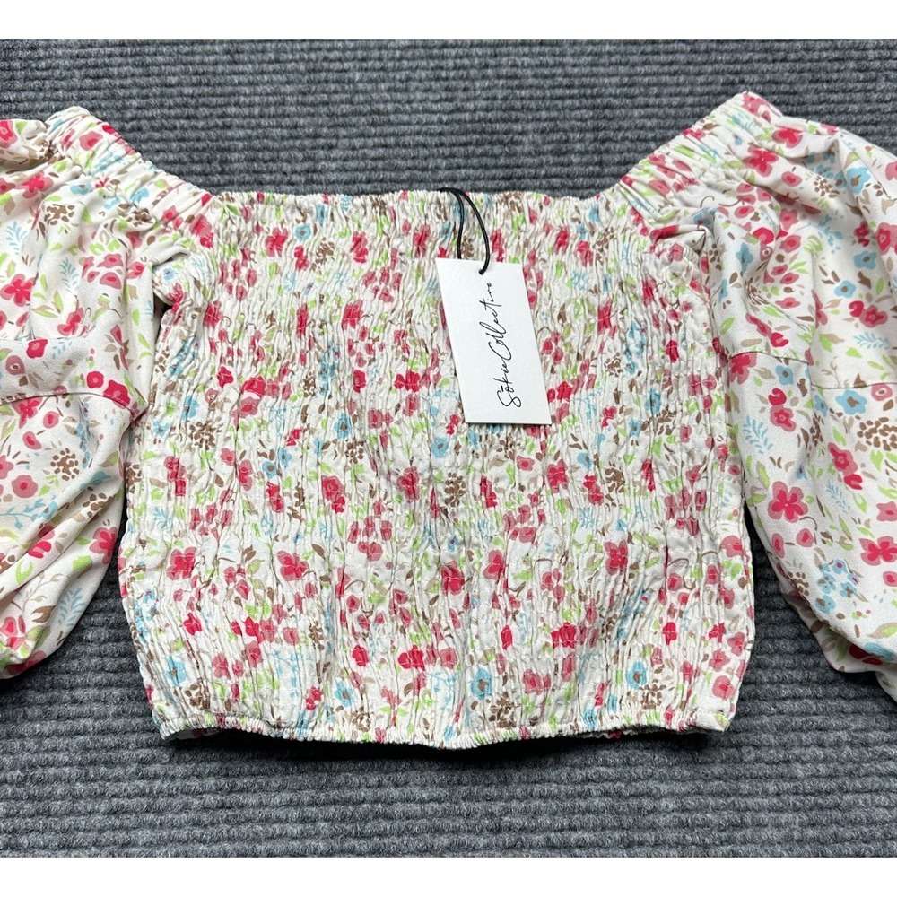 Sokie Collective Puff Sleeve Smocked Top Womens XL Off Shoulder Blouse Floral‎